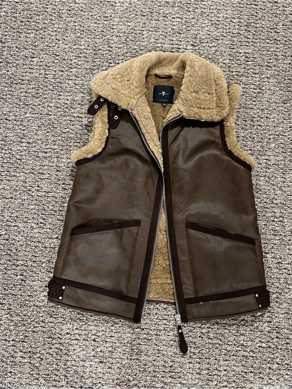 Faux Leather Shearling-Lined Vest in Brown and beige
